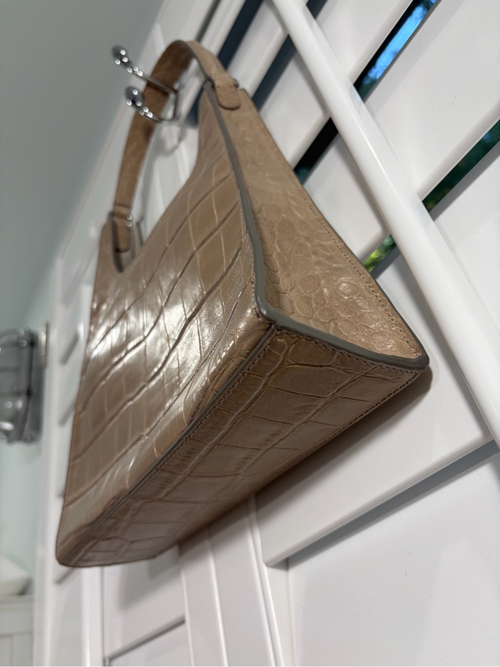 STAUD Mini Rey Taupe Croc-Embossed Top-Handle Bag - Picture 4 of 12